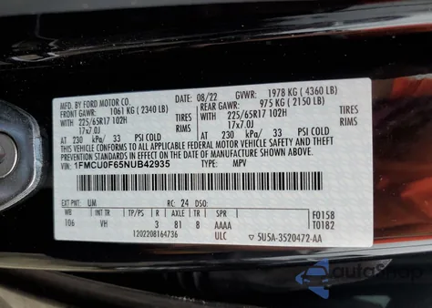 2022 Ford Escape S из США, поврежденный, VIN 1FMCU0F65NUB42935